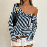 Women's Fashion Color Matching Striped Irregular off-Shoulder Loose Version Long Sleeve Basic Slimming Casual Top