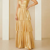 gold dress Spring and Summer Sling Layered Backless Sleeveless Sexy Multi-Layer Dress