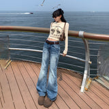 Bomve y2k American Retro Low Waist Hot Girl Flared Pants Versatile Slimming Mop Straight Jeans Women