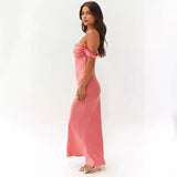 off Shoulder Tube Top Satin Backless Long Dress Rose Pink