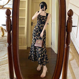 alien invasion dress to impress French Retro Elegant Backless Dress Women's Summer New Niche Floral Strap Dress