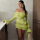 white dress Hot Selling 2024 Autumn New Fashion off-Shoulder Ruffled Flare Sleeve Ribbon Dress