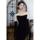 Bomve-Black Velvet Evening Dress High-Grade 2024 New Fishtail Slimming Elegant Socialite High-End Light Luxury Niche