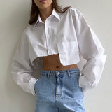 dress shirt Autumn New Open-Navel Asymmetric Stitching Fashion Casual Temperament Design Short White Shirt Women's Clothing