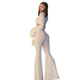 casual outfits Y24pt6 Women's Summer New Sexy See-through Solid Color High Waist Tight Flared Long Casual Pants