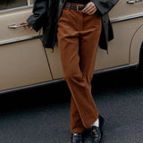 Bomve 2000s fashion Brown Vintage Corduroy Pants Women's High Waist Straight Casual Corduroy Trousers