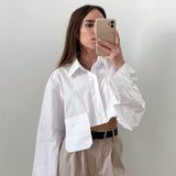 dress shirt Autumn New Open-Navel Asymmetric Stitching Fashion Casual Temperament Design Short White Shirt Women's Clothing