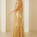 gold dress Spring and Summer Sling Layered Backless Sleeveless Sexy Multi-Layer Dress