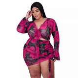 birthday outfit Printed Suit Drawstring Long Sleeve plus Size Polyester Mesh Printed Sexy Nightclub Two-Piece Set