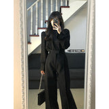 Bomve trending fall outfits 2024 High-End Elegant Pleated Lantern Sleeve Shirt Suit Women's Early Autumn High Waist Straight Loose Slimming Suit Wide Leg Pants