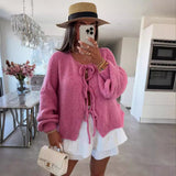 Bomve Black Friday Christmas Thanksgiving round Neck Lace-up Knitted Cardigan Coat 2024 Autumn and Winter New Pure Color Commuter Simple Sweater for Women