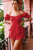 birthday outfit Spring and Summer New Pure Color Women's Ruffled off-the-Neck Short Sleeve Jumpsuit Mini Dress