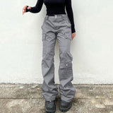 Bomve outfit inspo New Solid Color Denim Multi-Pocket Straight Casual Pants Gray Low Waist No Belt Loose Trousers