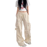 outfit ideas for school Fall street style Retro Straight Wide-Leg Pants Large Pocket Hip Hop Street Casual Pants White