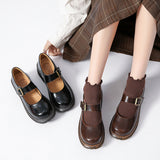 Bomve dti outfits Mary Jane Shoes Japanese Style Thick Bottom round Toe One-Strap Buckle Leather Shoes for Women