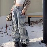 Bomve y2k outfits Heavy Industry Punk Style Multi-Pocket Wide-Leg Mopping Jeans Washed Gradient High Waist Loose Pants