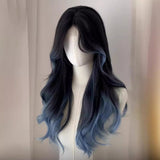 Bomve calico hair Wig Female Butterfly Blue Paris Painting Dyed Gradient Atmosphere Long Curly Hair Eight-Character Bangs Simulation Hair Full Head Cover New