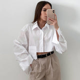 dress shirt Autumn New Open-Navel Asymmetric Stitching Fashion Casual Temperament Design Short White Shirt Women's Clothing