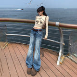 y2k American Retro Low Waist Hot Girl Flared Pants Versatile Slimming Mop Straight Jeans Women 