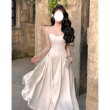 white dress Ladies Gentle Style Banquet Dress Diamond Chain Satin Strap Dress Women's New Waist Slimming Long Dress