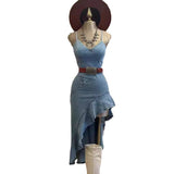 alien invasion dress to impress 2024 New Sling Waist High Elastic Slim Split Oblique Ruffled Denim Dress