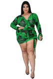 birthday outfit Printed Suit Drawstring Long Sleeve plus Size Polyester Mesh Printed Sexy Nightclub Two-Piece Set