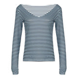 Women's Fashion Color Matching Striped Irregular off-Shoulder Loose Version Long Sleeve Basic Slimming Casual Top