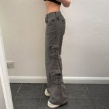 back to school fits Hot Girl Street Pants Large Pocket Wide Belt Design Jeans