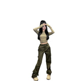 casual fall outfits 2024 Hot Girl New Army Green Simple Slim Bottoming T-shirt High Waist Casual Pocket Overalls for Women