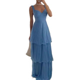 blue dress Fashion Elegant Dress 2024 Summer Sexy Sleeveless Multi-Layer Pleated Solid Color Dress