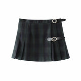 guys in skirts Leather Buckle Plaid Pleated Skirt A- Line Skirt Women's Plaid High Waist Hot Girl Skirt