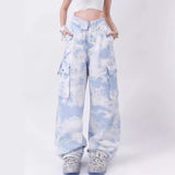 fall outfits aesthetic Camouflage Overalls Women's Flip Waist Tie-Dye Design Loose Straight Casual Pants