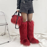 Black Friday Christmas Thanksgiving High Boots Knee-Length Snow Boots Handbag Plush Falling Fur Wool-like Suit Punk Style