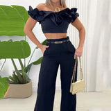 men’s fashion 2024 Summer New Women's Clothing Solid Color off-the-Neck Navel Top Sweet and Spicy Style Two-Piece Set