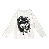 christmas outfit Black Friday Niche Chic White Blouse Long-Sleeved T-shirt Women's Printed Loose Bottoming Top