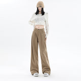 Bomve Autumn and Winter New Khaki Chenille Wide-Leg Pants Women's Small Maillard Pleated Casual Straight Long Pants