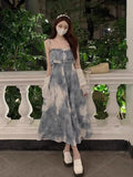Bomve-Stylish Blooming Summer Ruffles A- line Skirt Ink Painting