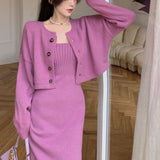 korean fashion Knitted Cardigan Sweater Elegant Strap Dress Two-Piece Suit