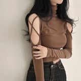 coachella valley music festival Tight Sexy off-the-Shoulder Top Women's Long-Sleeved Hot Girl Hollow-out Turtleneck Bottoming Shirt Short T-shirt