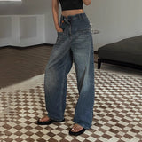 Bomve 2000s Fashions Autumn Retro High Waist Slimming Pocket Casual Straight Large Wide Leg Mop Loose Jeans for Women