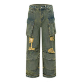 y2k Waste Soil Wind Washing Old Ripped Workwear Jeans Men's and Women's High Street Fashion Loose Wide Leg Straight Mop Trousers