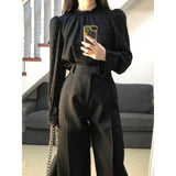 trending fall outfits 2024 High-End Elegant Pleated Lantern Sleeve Shirt Suit Women's Early Autumn High Waist Straight Loose Slimming Suit Wide Leg Pants