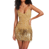 gold dress New Women's Slim-Fit Elegant Sexy Dress Deep V Tassel Bright Silk Dress Gold Sequined Suspender Dress