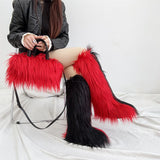 Black Friday Christmas Thanksgiving High Boots Knee-Length Snow Boots Handbag Plush Falling Fur Wool-like Suit Punk Style