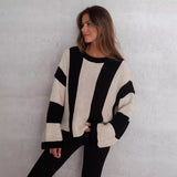 guys in skirts Autumn and Winter Sweater Ins Style Loose plus Size Vertical Stripes Contrast Color round Neck Long Sleeve Sweater Pullover