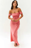 off Shoulder Tube Top Satin Backless Long Dress Rose Pink