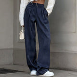 business casual women outfits chic Women's High Waist Straight Wide-Leg Pants Autumn and Winter New Navy Blue Striped Fashion Casual Trousers