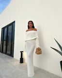 white dress Autumn Beach Vacation Sexy Long Dress Knitted Backless off-Neck Dress Blouse for Women