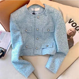 Women's Autumn Outfit French Style Coat for Women Pocket Tweed jacket Blue 