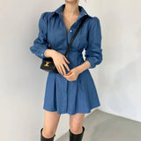 dress shirt 2024 Korean Chic Autumn New Polo Collar Solid Color Tight Waist Long Sleeve Shirt Dress Women